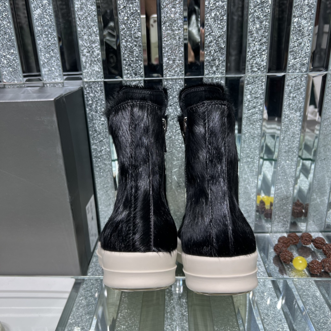 Bagsaaa Rick Owens Pony Hair High-Top Leather Sneakers black