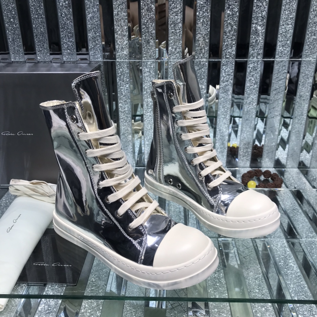 Bagsaaa Rick Owens High-Top Leather Sneakers In Silver
