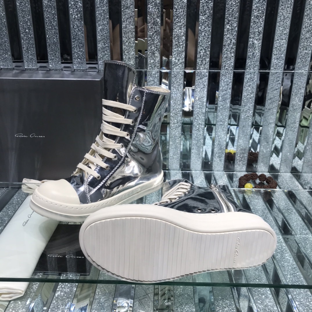 Bagsaaa Rick Owens High-Top Leather Sneakers In Silver