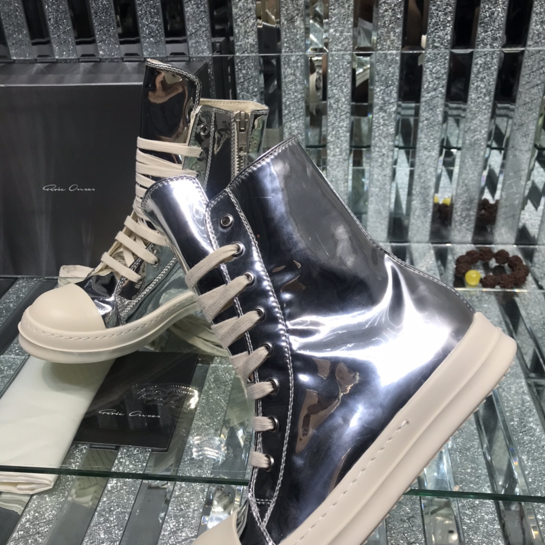 Bagsaaa Rick Owens High-Top Leather Sneakers In Silver