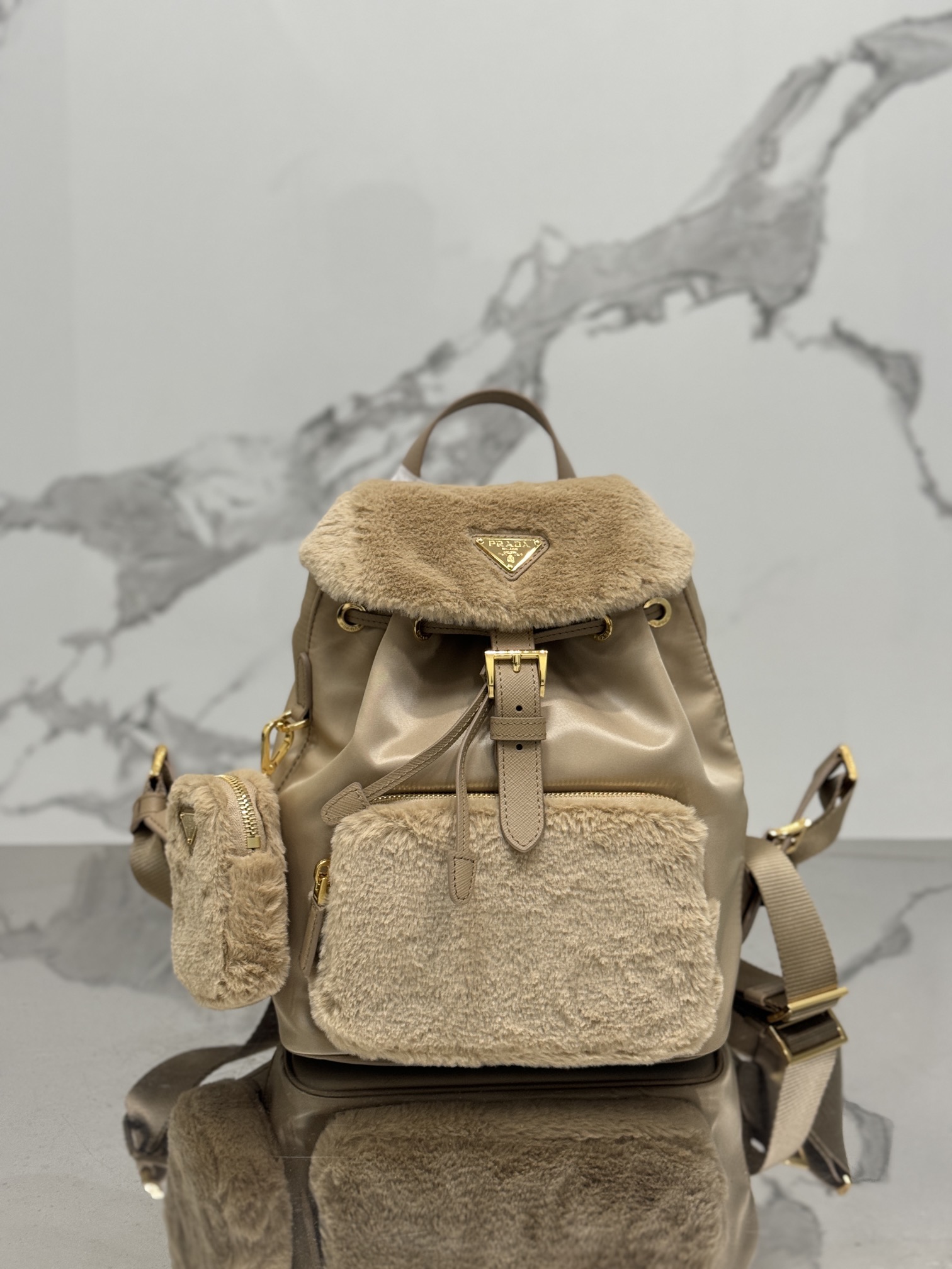 Bagsaaa Pra*a Re-Nylon and shearling backpack in beige - 25x20.5x11.5cm