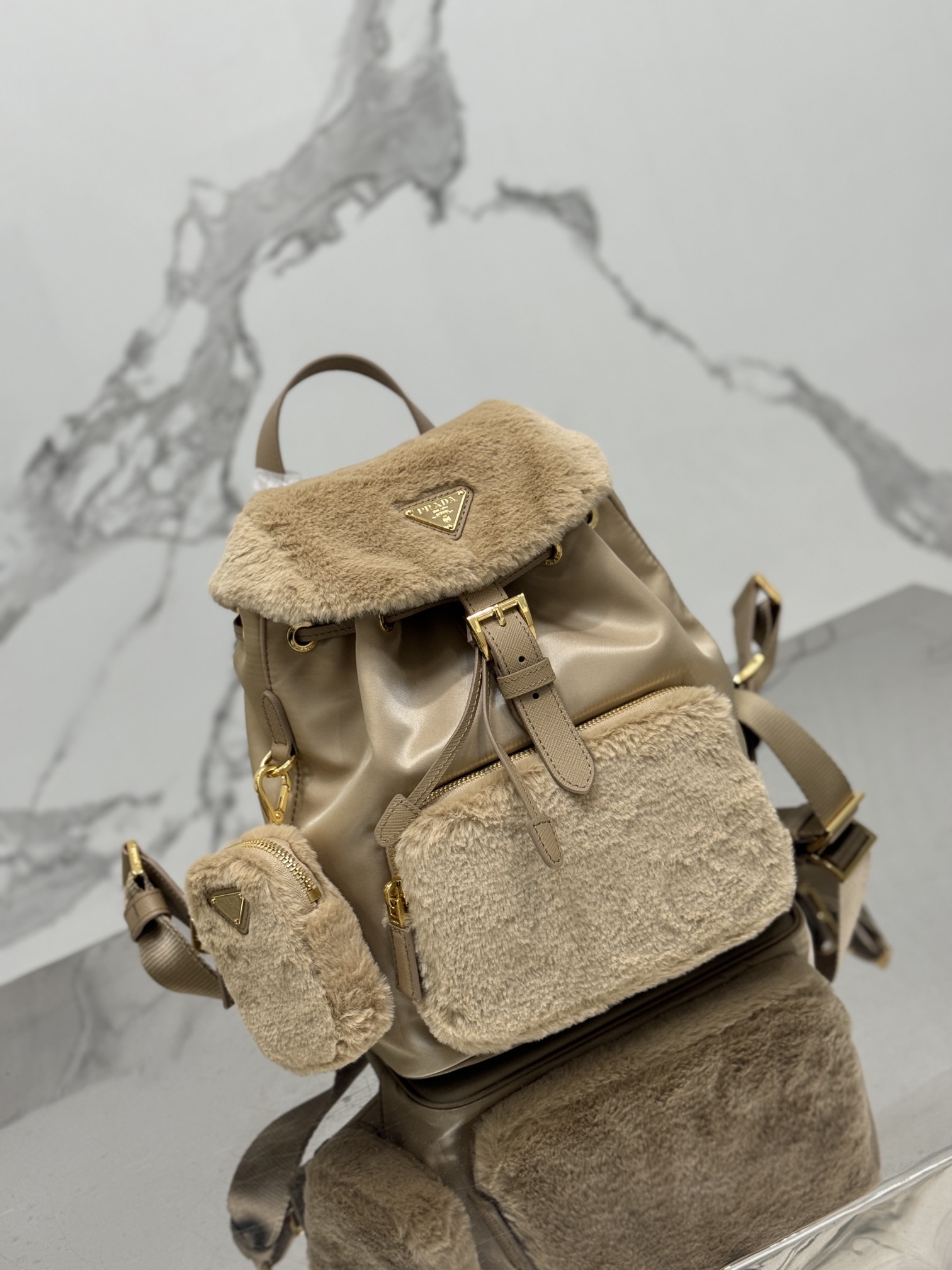 Bagsaaa Pra*a Re-Nylon and shearling backpack in beige - 25x20.5x11.5cm
