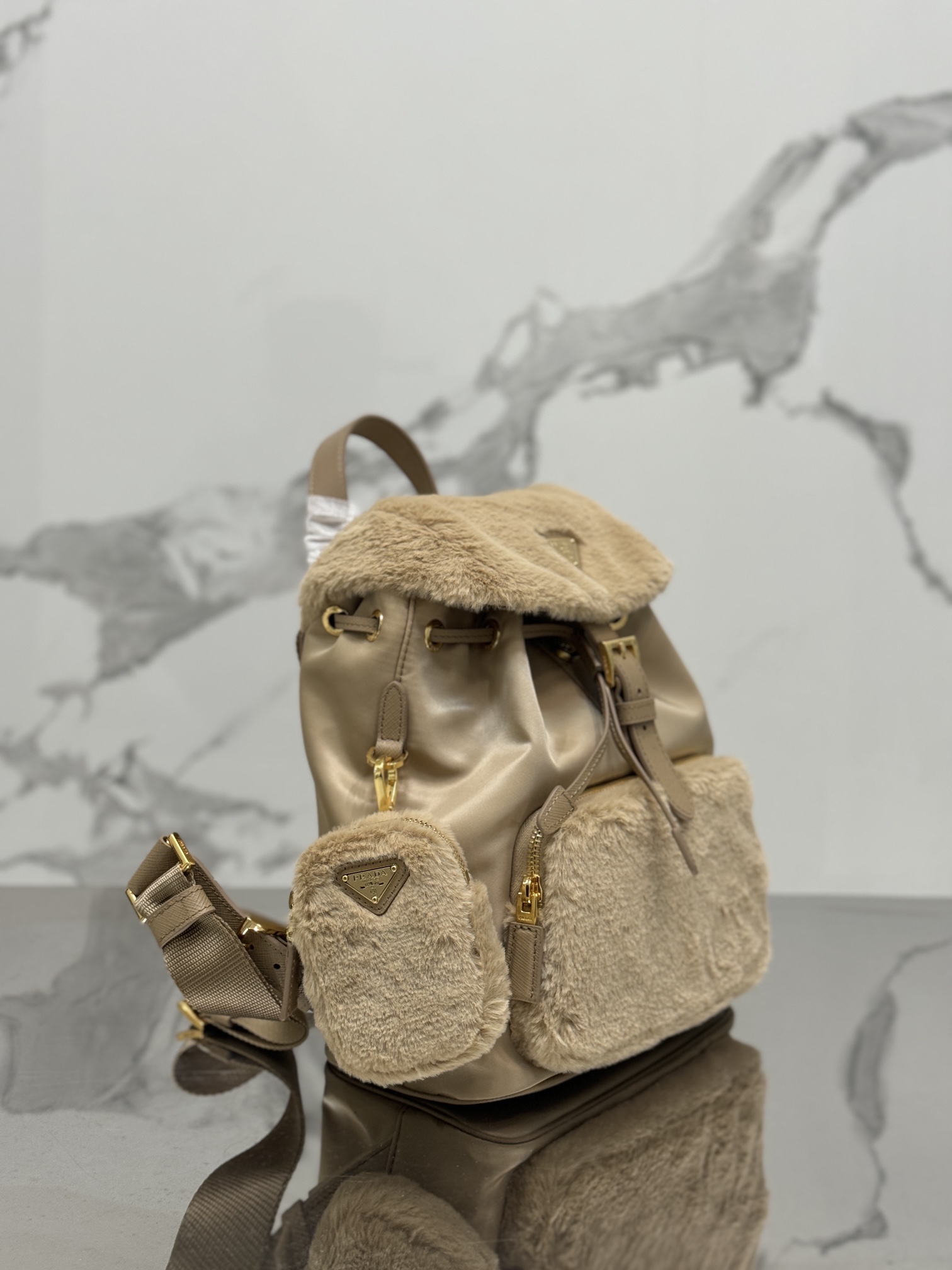 Bagsaaa Pra*a Re-Nylon and shearling backpack in beige - 25x20.5x11.5cm