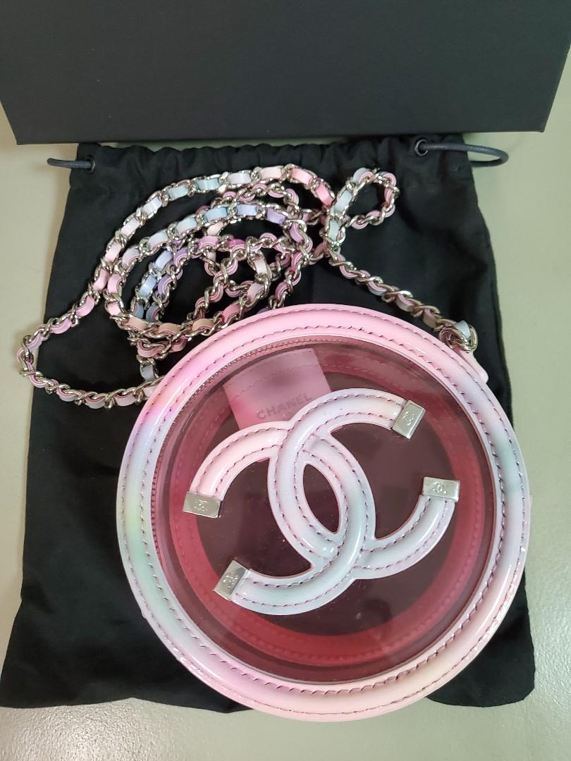 Bagsaaa Ch**el Multicolor Patent Calfskin and PVC Filigree Round Clutch with Chain Silver Hardware - 12x12x5.5cm