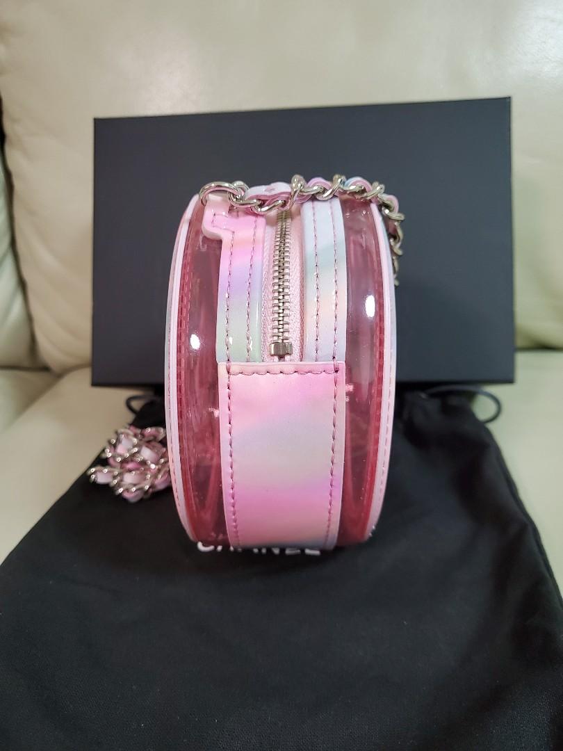 Bagsaaa Ch**el Multicolor Patent Calfskin and PVC Filigree Round Clutch with Chain Silver Hardware - 12x12x5.5cm