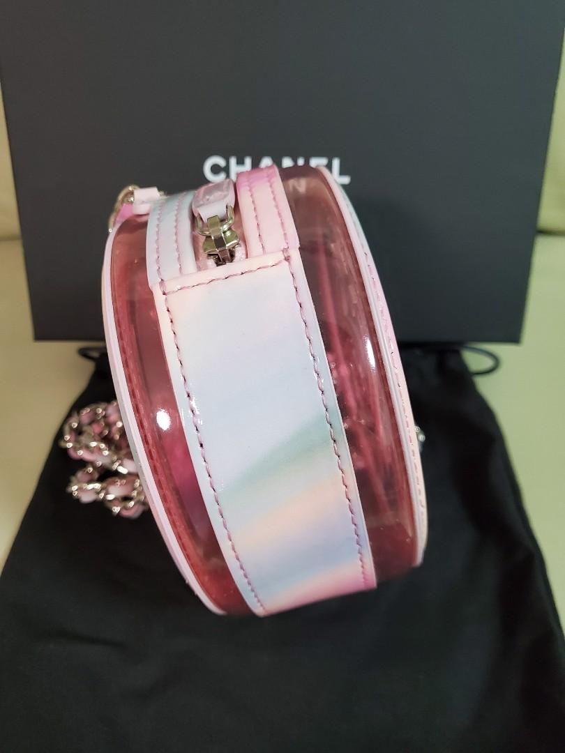 Bagsaaa Ch**el Multicolor Patent Calfskin and PVC Filigree Round Clutch with Chain Silver Hardware - 12x12x5.5cm