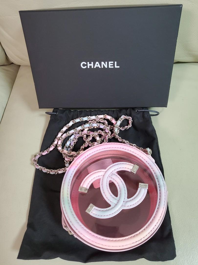 Bagsaaa Ch**el Multicolor Patent Calfskin and PVC Filigree Round Clutch with Chain Silver Hardware - 12x12x5.5cm