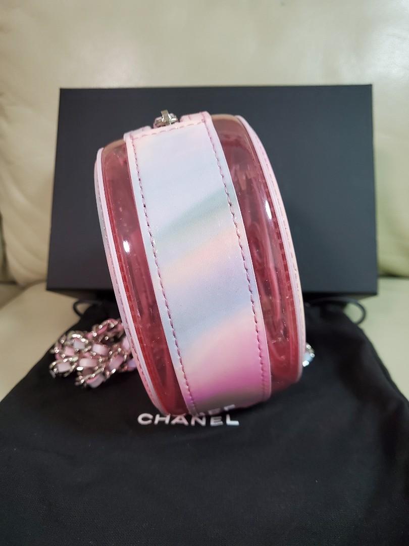 Bagsaaa Ch**el Multicolor Patent Calfskin and PVC Filigree Round Clutch with Chain Silver Hardware - 12x12x5.5cm