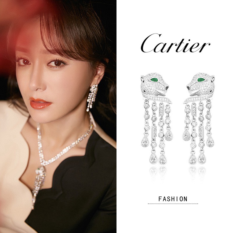 Bagsaaa Ca*t1er Panther Silver Zircon Onyx Emerald & Emerald Earrings