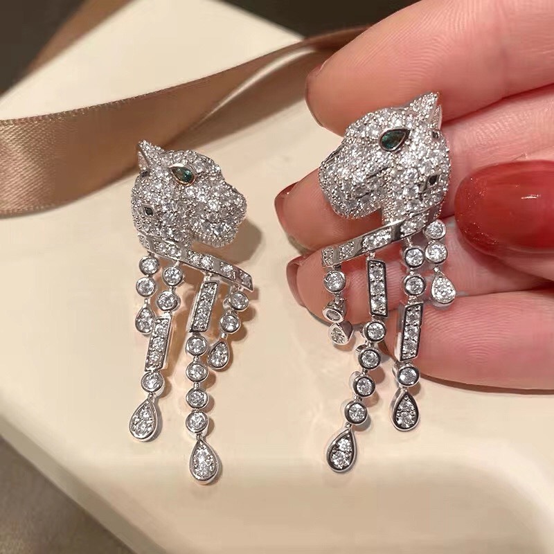 Bagsaaa Ca*t1er Panther Silver Zircon Onyx Emerald & Emerald Earrings