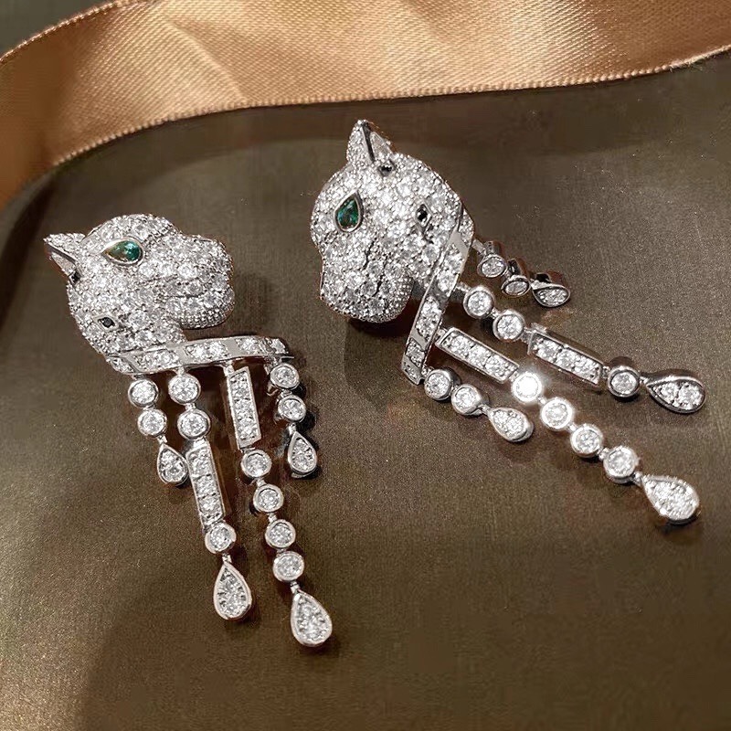 Bagsaaa Ca*t1er Panther Silver Zircon Onyx Emerald & Emerald Earrings