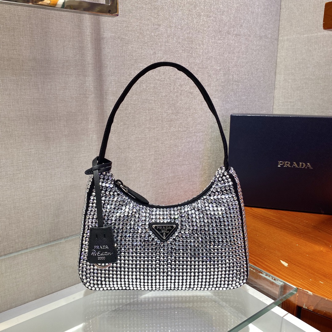 Bagsaaa Pra*a Satin mini-bag with crystals in black - 22x17x6cm
