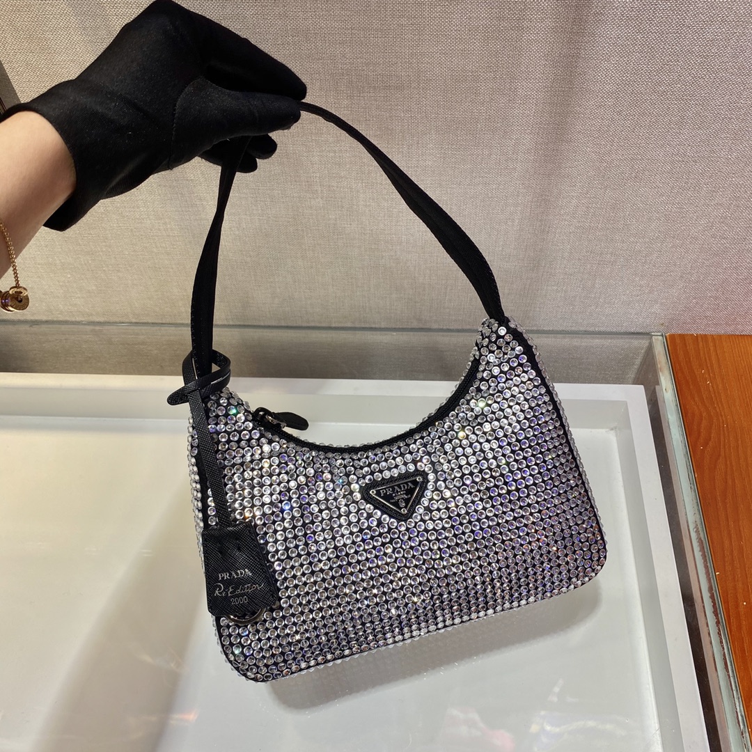 Bagsaaa Pra*a Satin mini-bag with crystals in black - 22x17x6cm