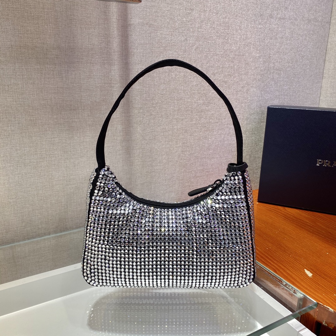 Bagsaaa Pra*a Satin mini-bag with crystals in black - 22x17x6cm