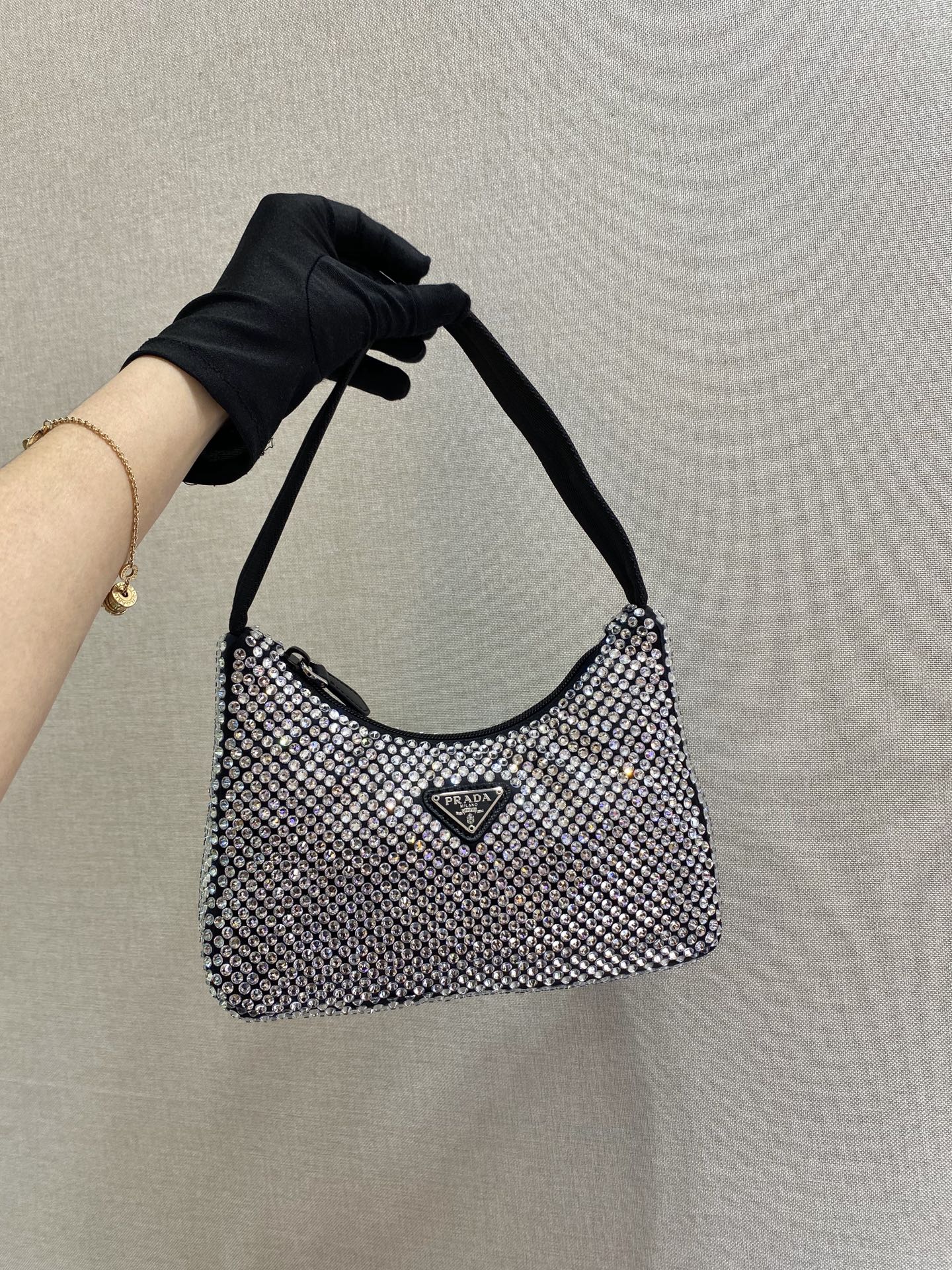 Bagsaaa Pra*a Satin mini-bag with crystals in black - 22x17x6cm