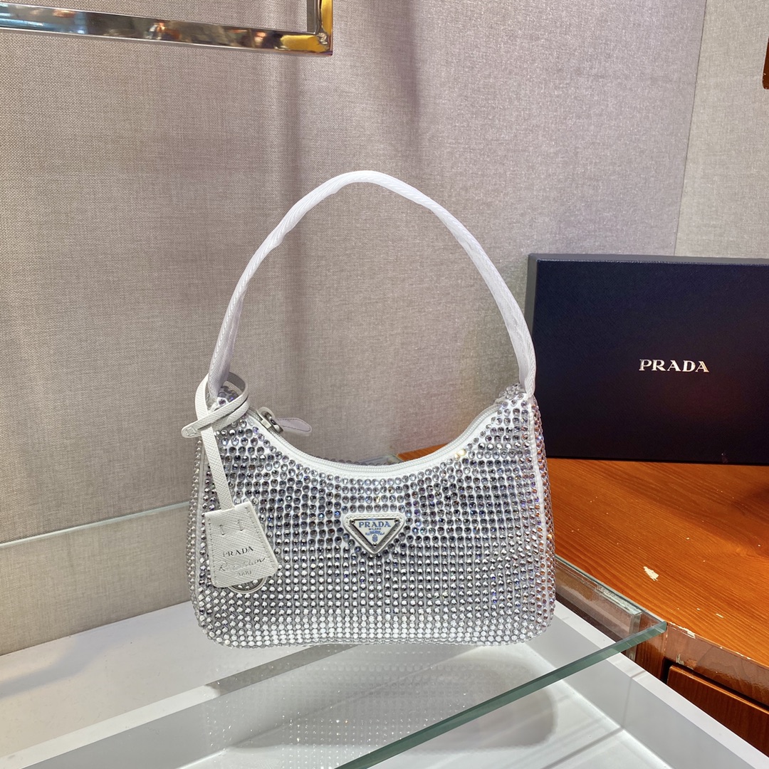 Bagsaaa Pra*a Satin mini-bag with crystals in white - 22x17x6cm