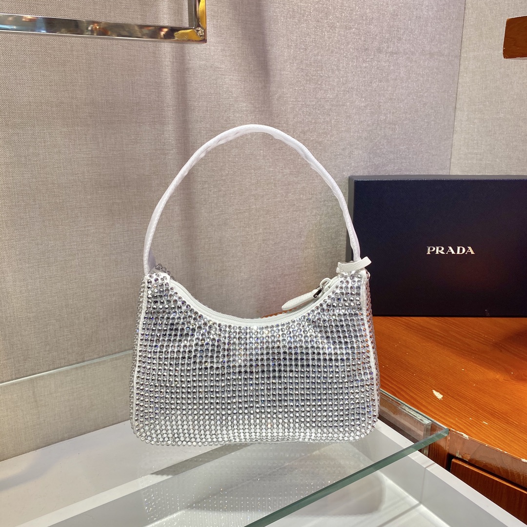 Bagsaaa Pra*a Satin mini-bag with crystals in white - 22x17x6cm