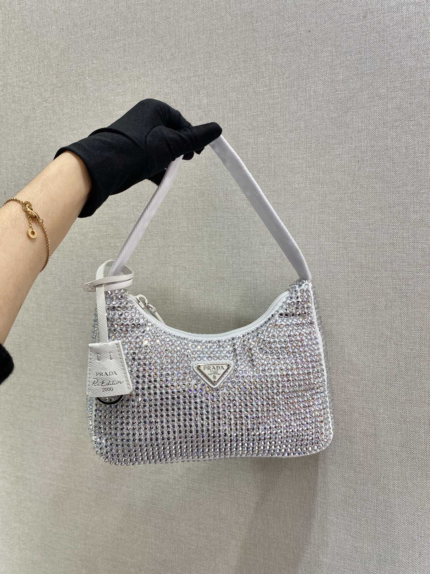 Bagsaaa Pra*a Satin mini-bag with crystals in white - 22x17x6cm