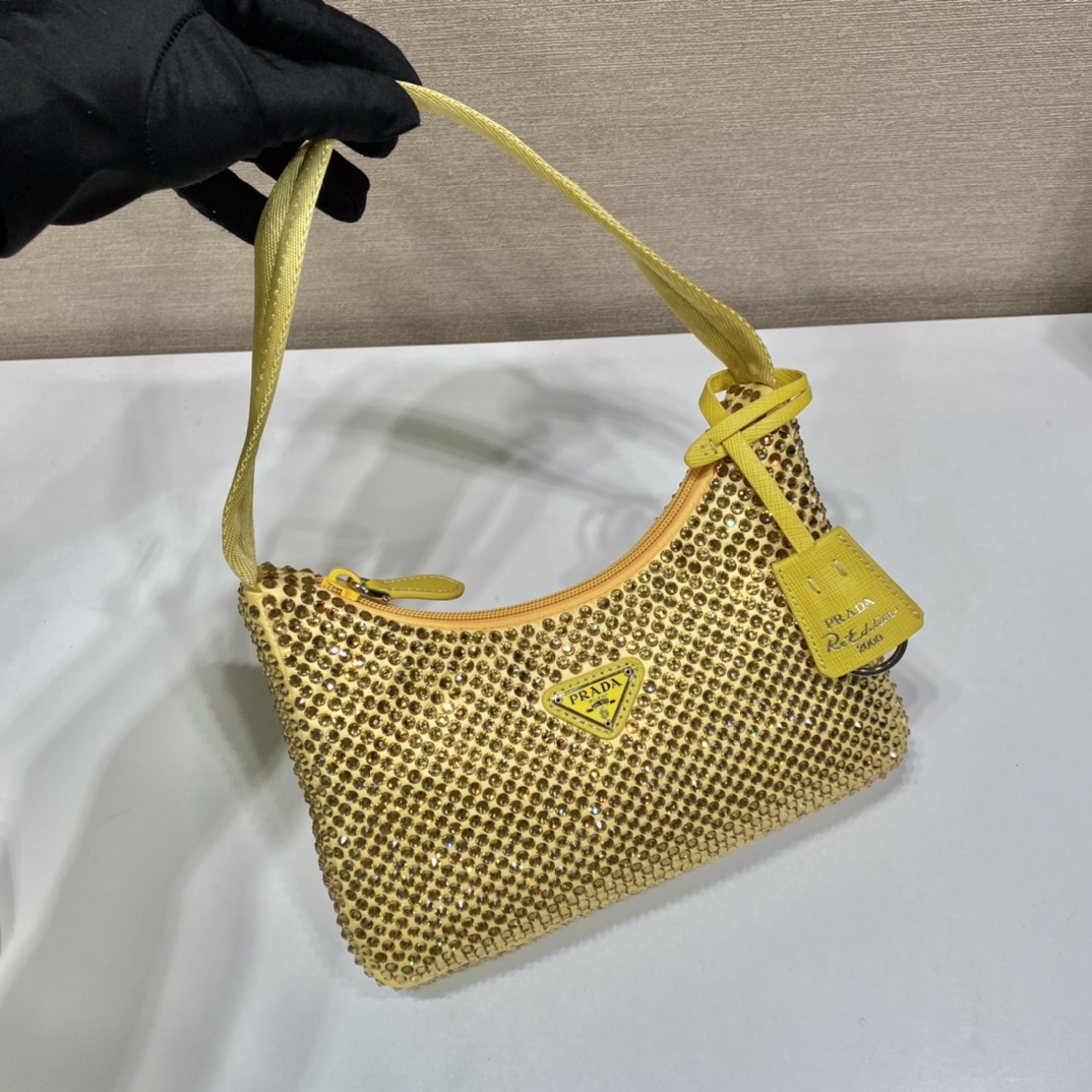 Bagsaaa Pra*a Satin mini-bag with crystals in yellow - 22x17x6cm