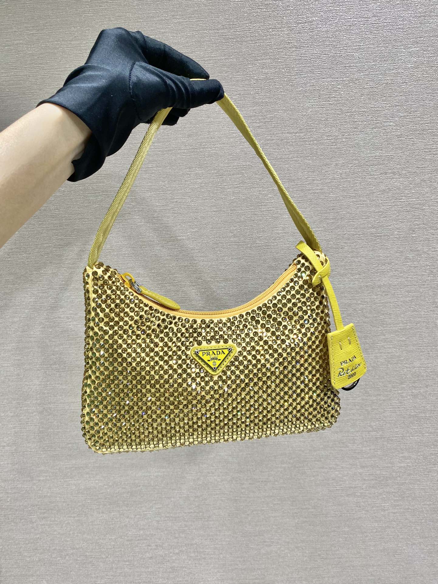 Bagsaaa Pra*a Satin mini-bag with crystals in yellow - 22x17x6cm