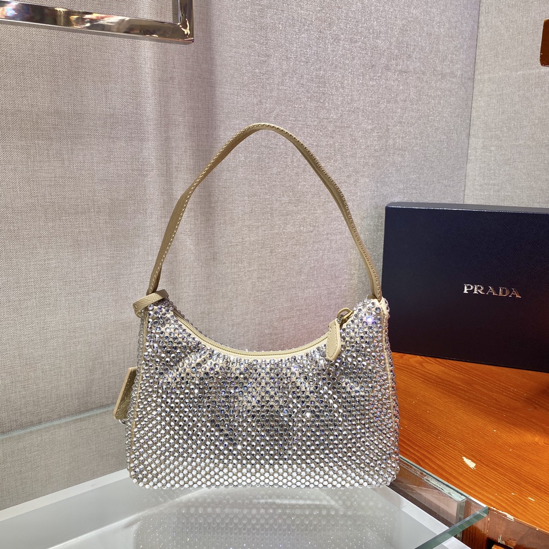 Bagsaaa Pra*a Satin mini-bag with crystals in beige - 22x17x6cm