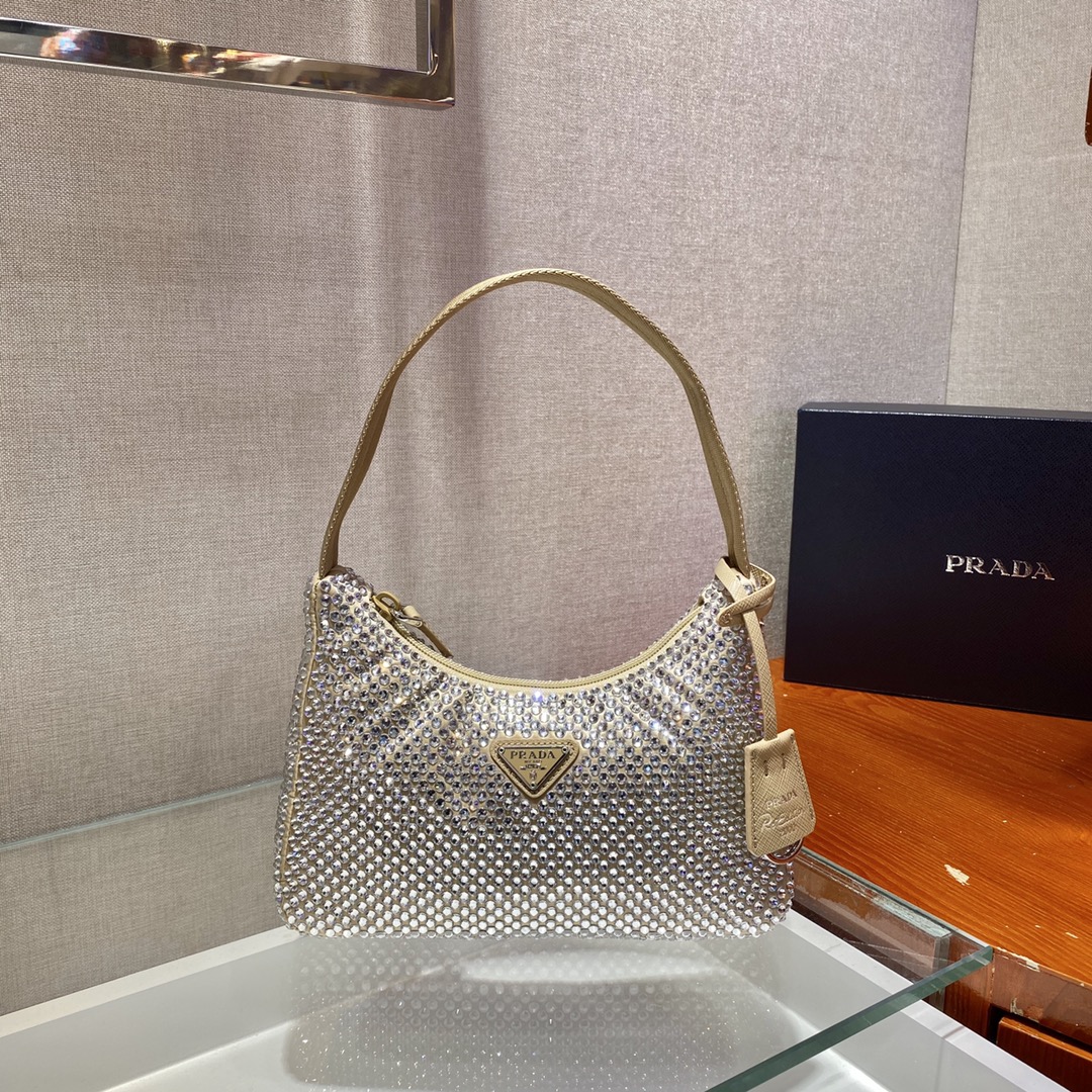 Bagsaaa Pra*a Satin mini-bag with crystals in beige - 22x17x6cm