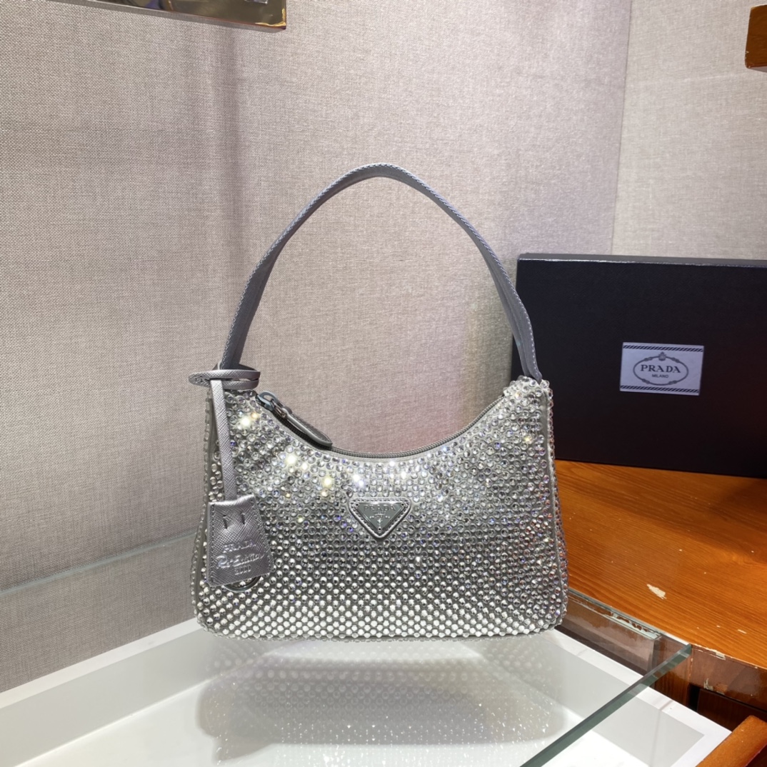 Bagsaaa Pra*a Satin mini-bag with crystals in silver - 22x17x6cm