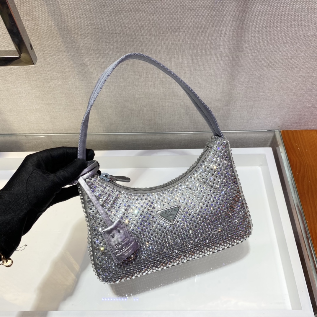Bagsaaa Pra*a Satin mini-bag with crystals in silver - 22x17x6cm