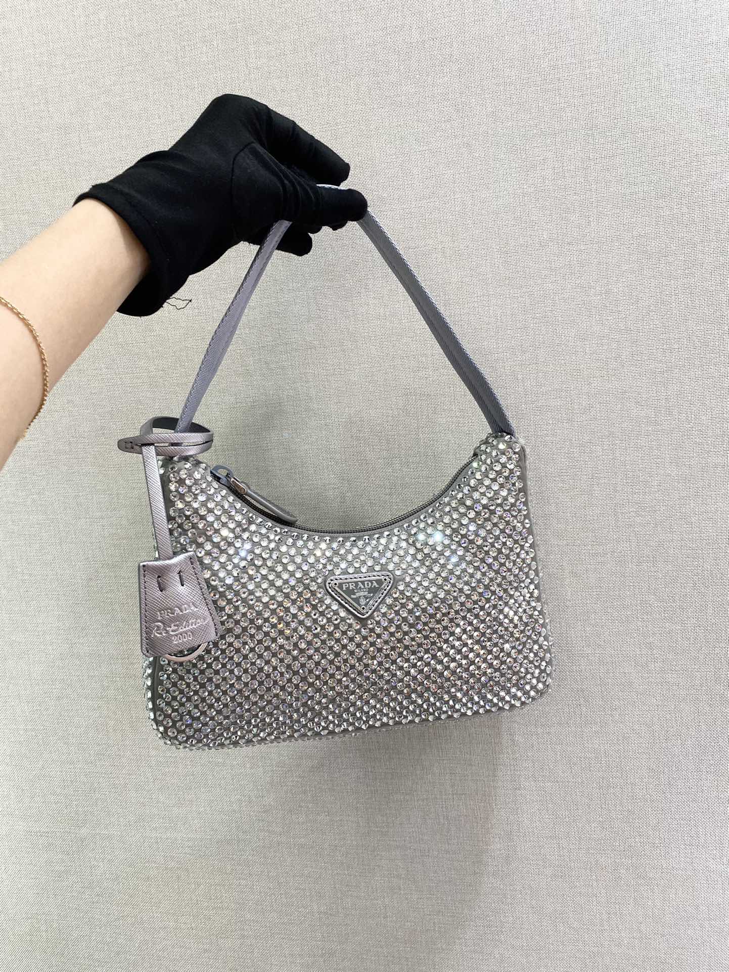 Bagsaaa Pra*a Satin mini-bag with crystals in silver - 22x17x6cm
