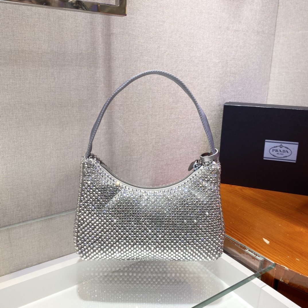 Bagsaaa Pra*a Satin mini-bag with crystals in silver - 22x17x6cm
