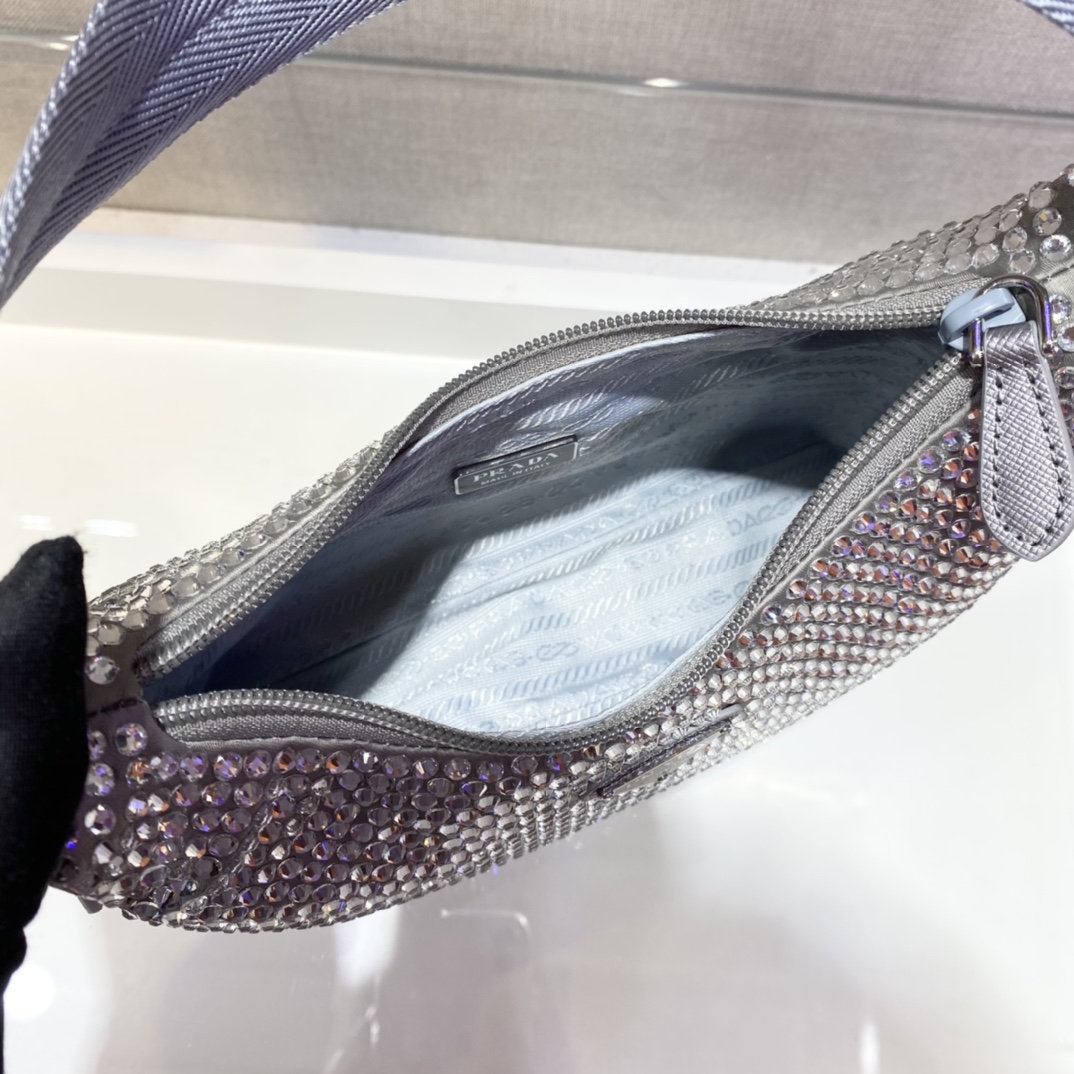 Bagsaaa Pra*a Satin mini-bag with crystals in silver - 22x17x6cm