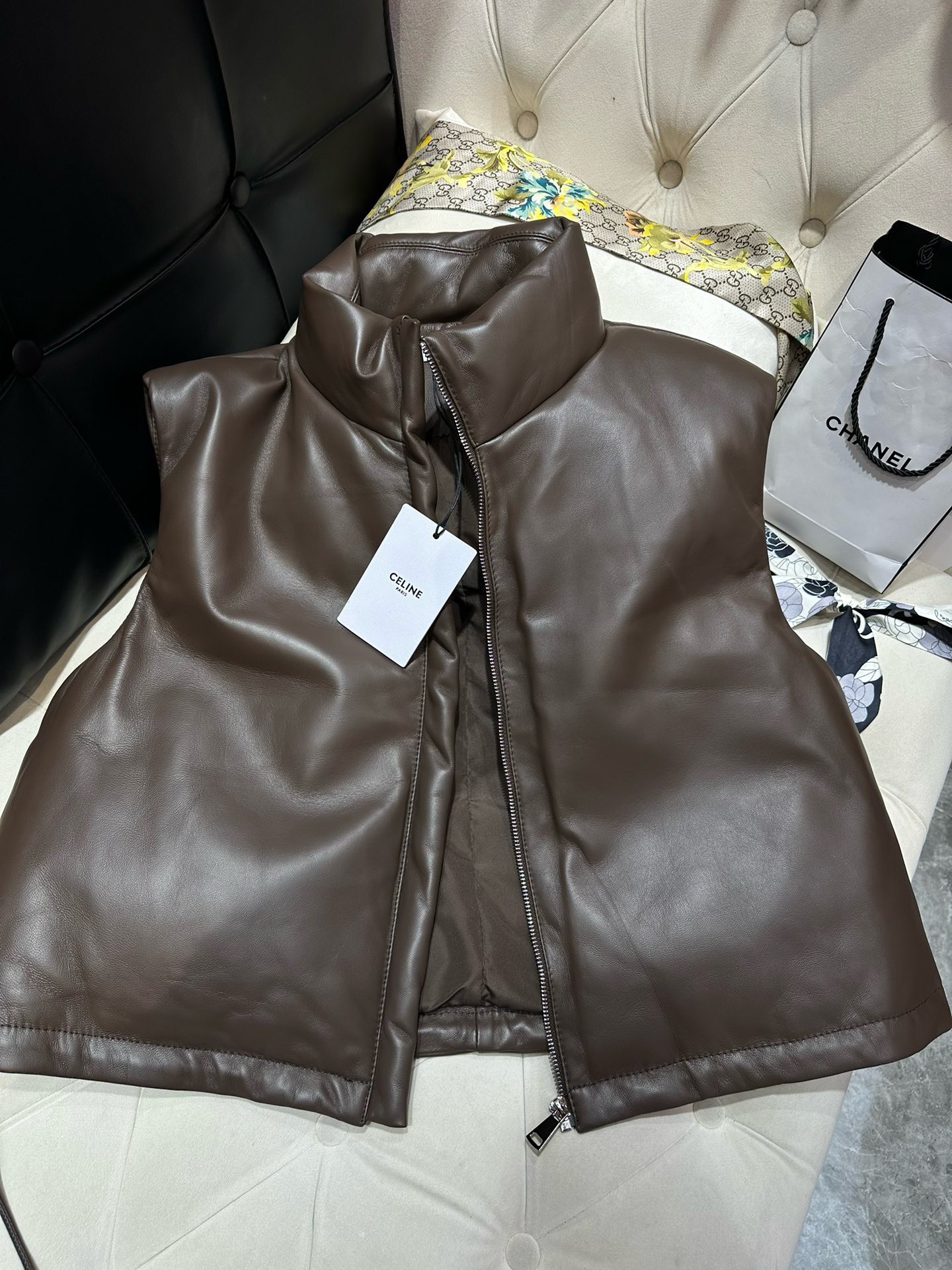 Bagsaaa Ce1i*e Leather Down Brown Jacket