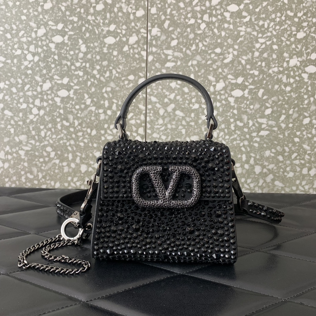 Bagsaaa Va1e*ntin0 Mini Vsling Bag With Sparkling Embroidery In Black - 13.5cm