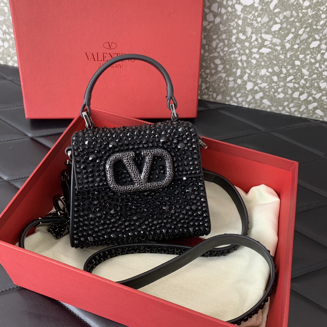 Bagsaaa Va1e*ntin0 Mini Vsling Bag With Sparkling Embroidery In Black - 13.5cm
