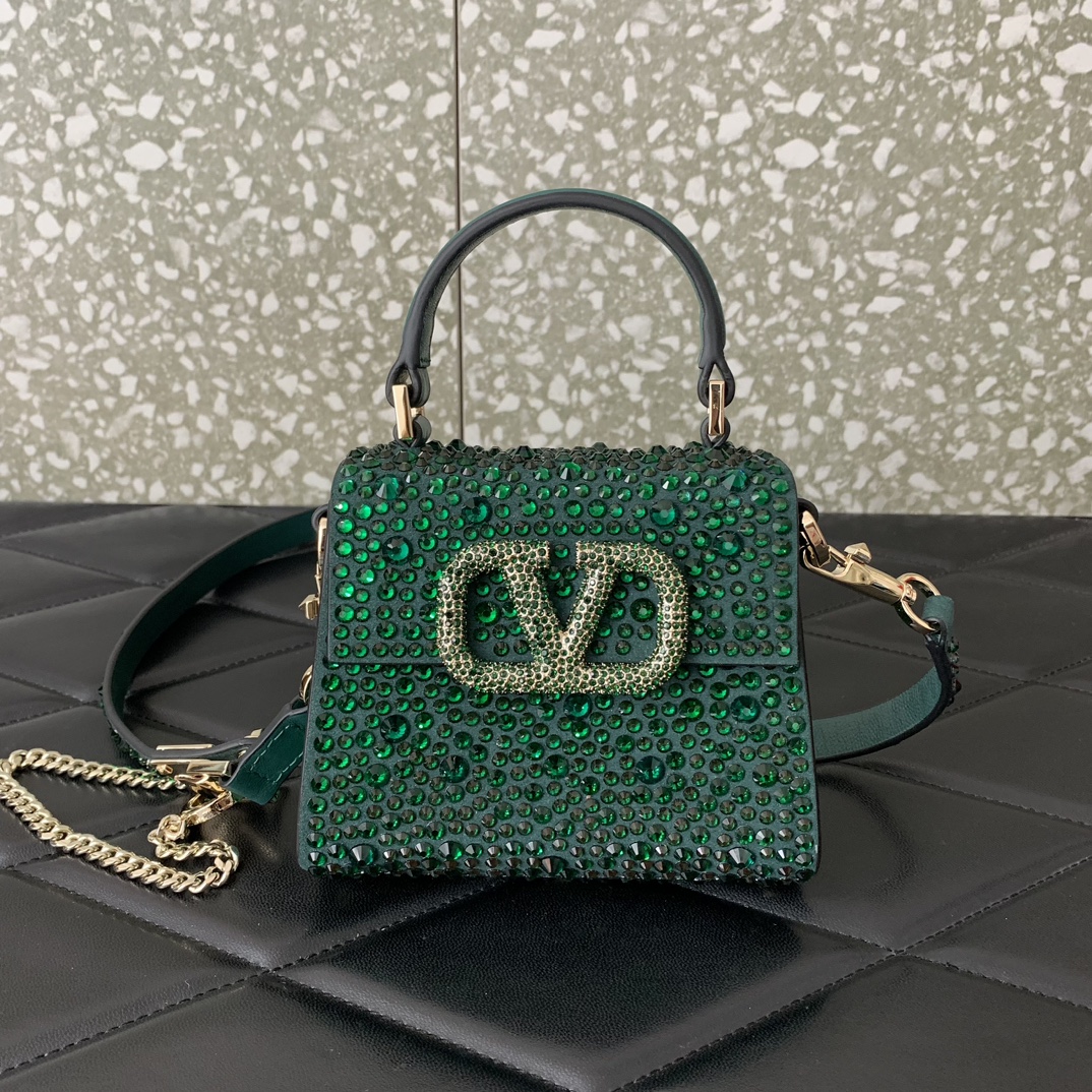 Bagsaaa Va1e*ntin0 Mini Vsling Bag With Sparkling Embroidery In Green - 13.5cm