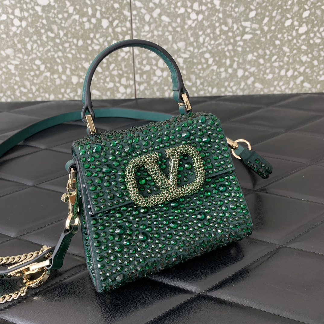 Bagsaaa Va1e*ntin0 Mini Vsling Bag With Sparkling Embroidery In Green - 13.5cm