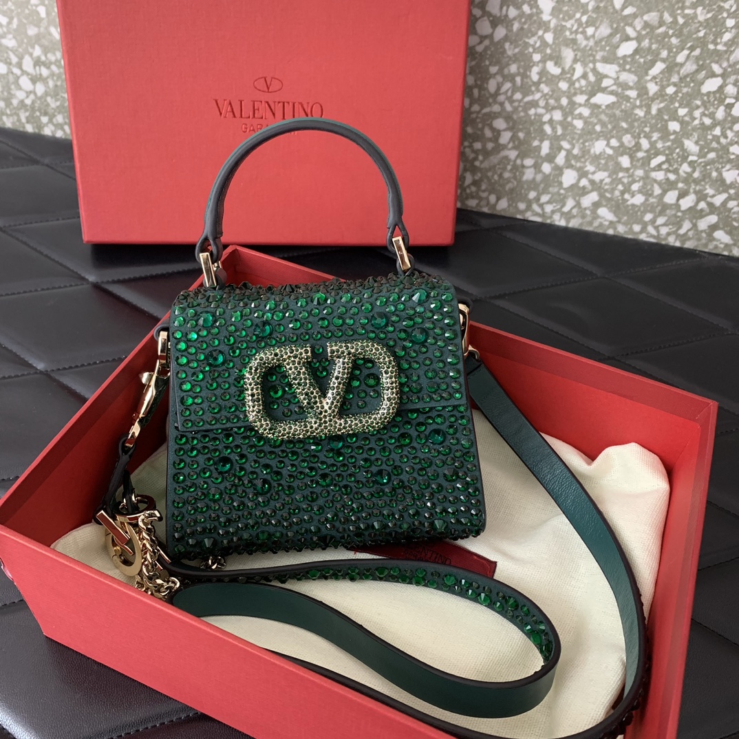 Bagsaaa Va1e*ntin0 Mini Vsling Bag With Sparkling Embroidery In Green - 13.5cm