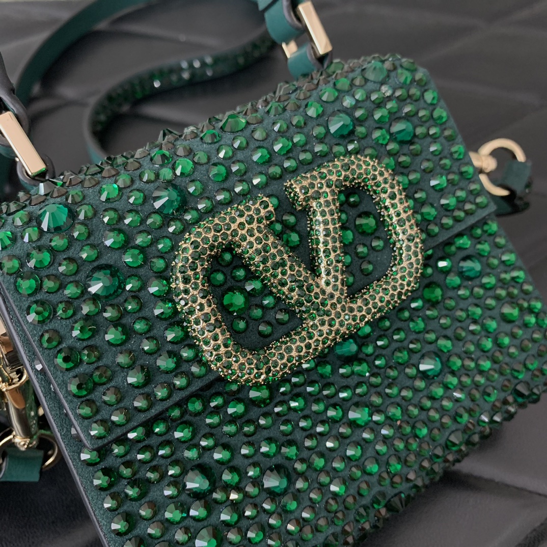 Bagsaaa Va1e*ntin0 Mini Vsling Bag With Sparkling Embroidery In Green - 13.5cm