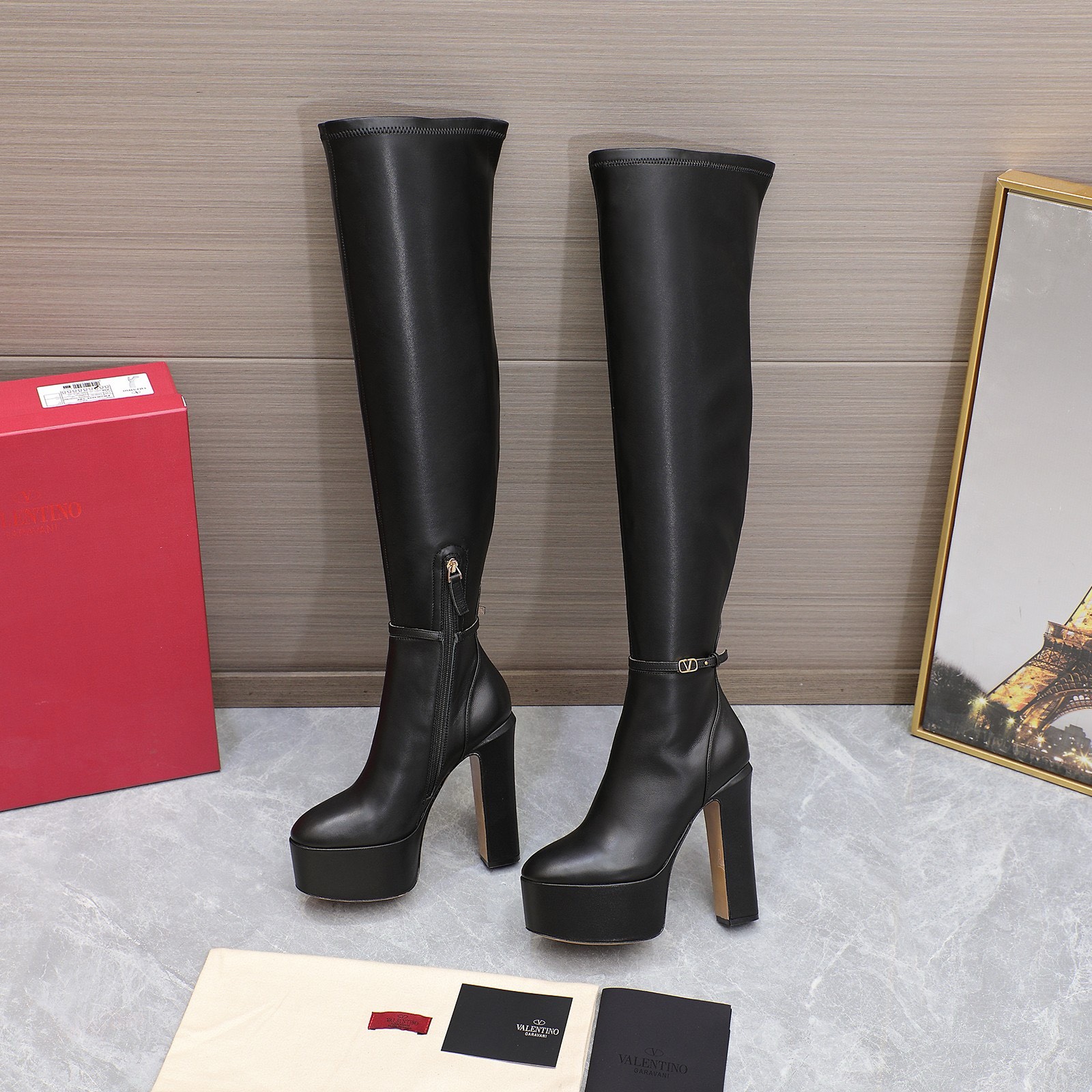 Bagsaaa Va1e*ntin0 Vlogo Black Over Knee Boots