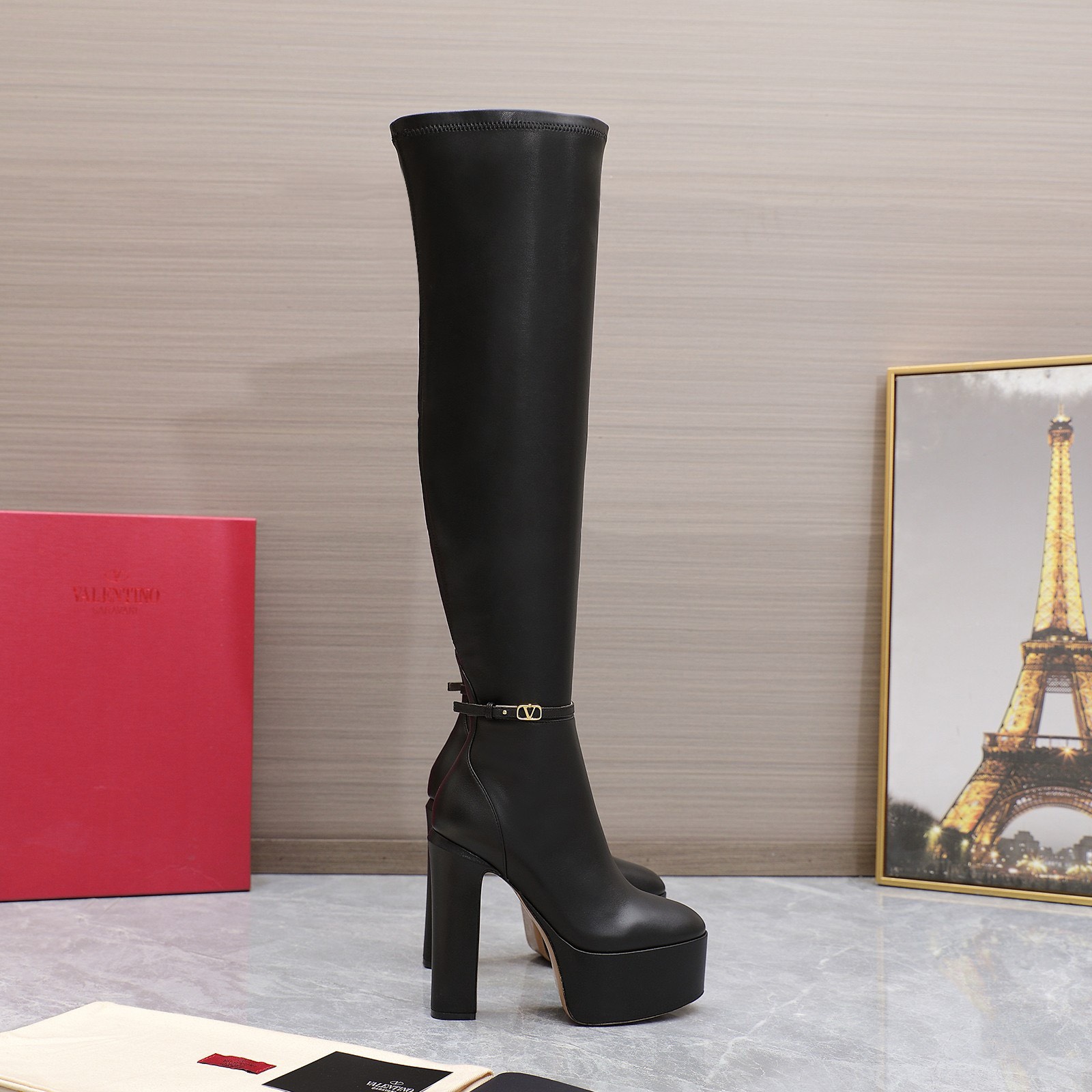Bagsaaa Va1e*ntin0 Vlogo Black Over Knee Boots