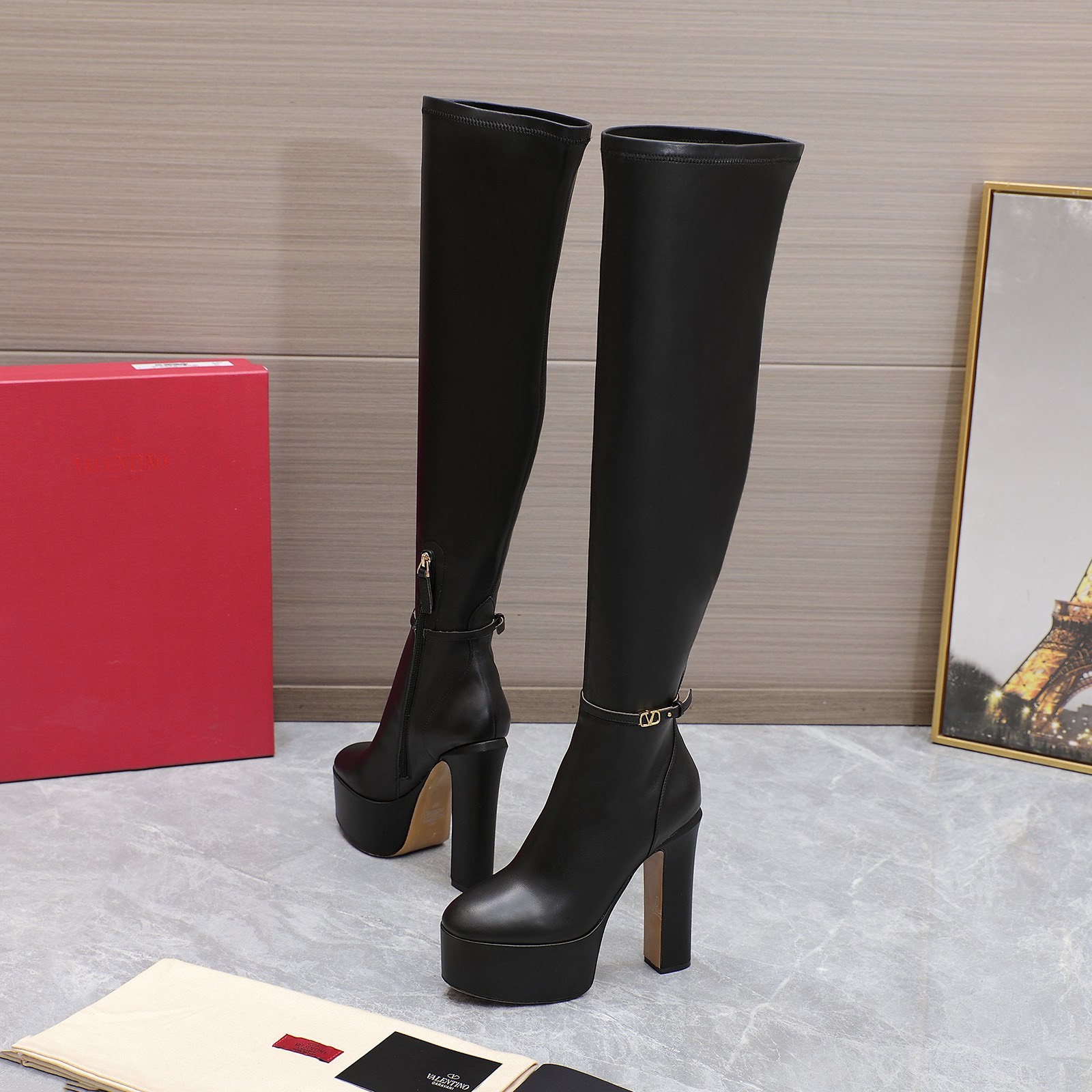 Bagsaaa Va1e*ntin0 Vlogo Black Over Knee Boots