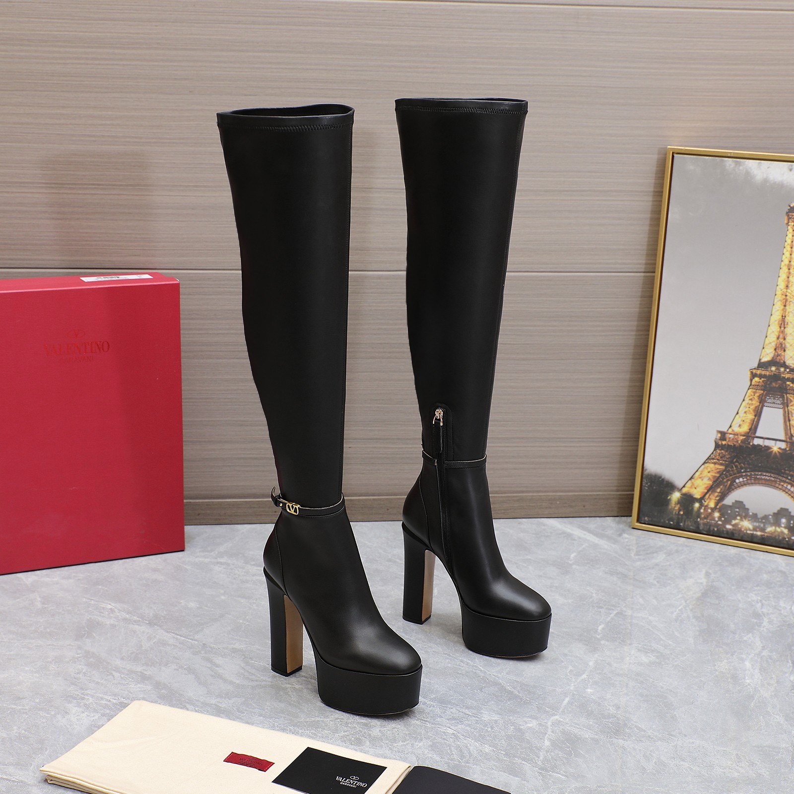 Bagsaaa Va1e*ntin0 Vlogo Black Over Knee Boots