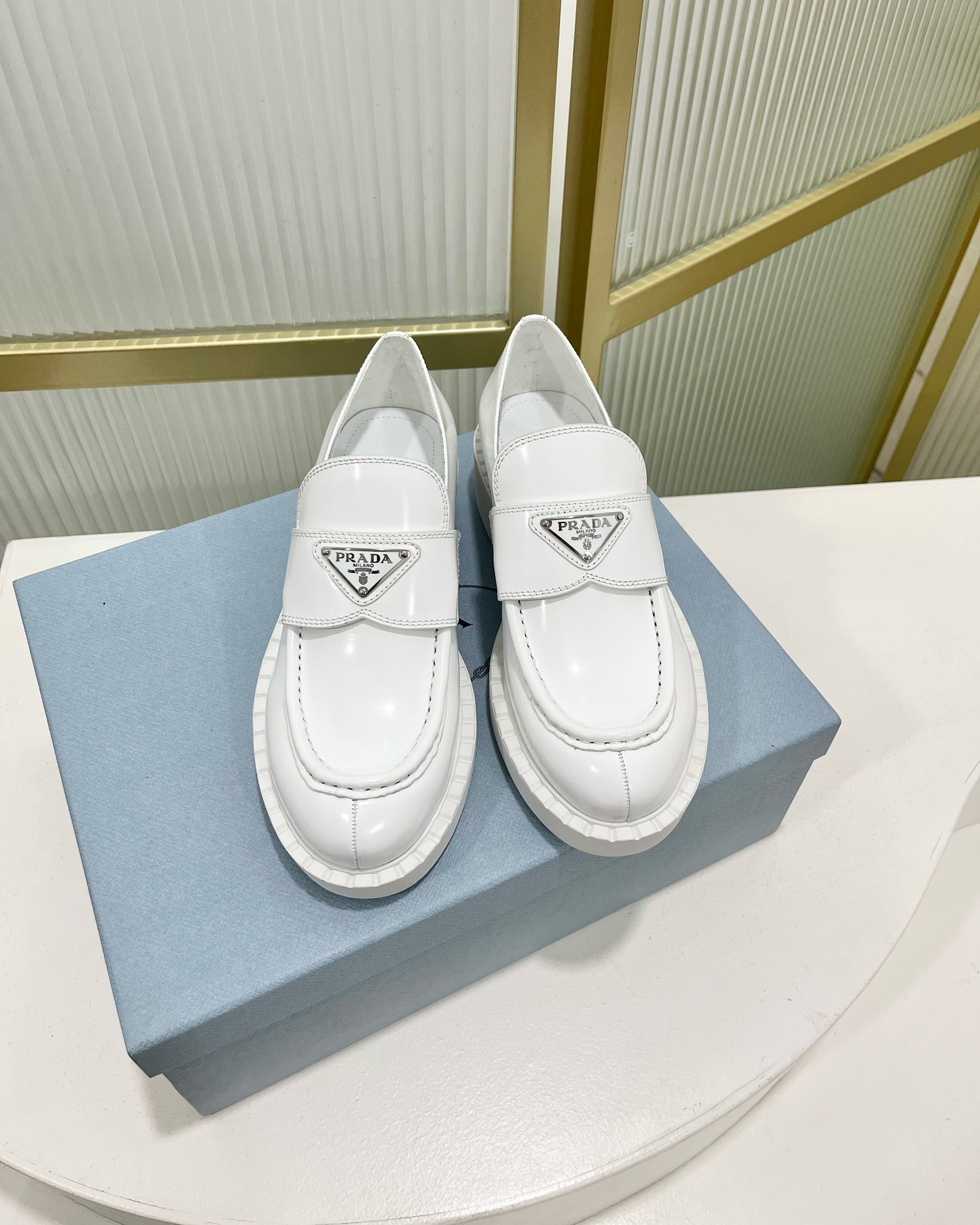 Bagsaaa Pra*a White Brushed Leather Loafers