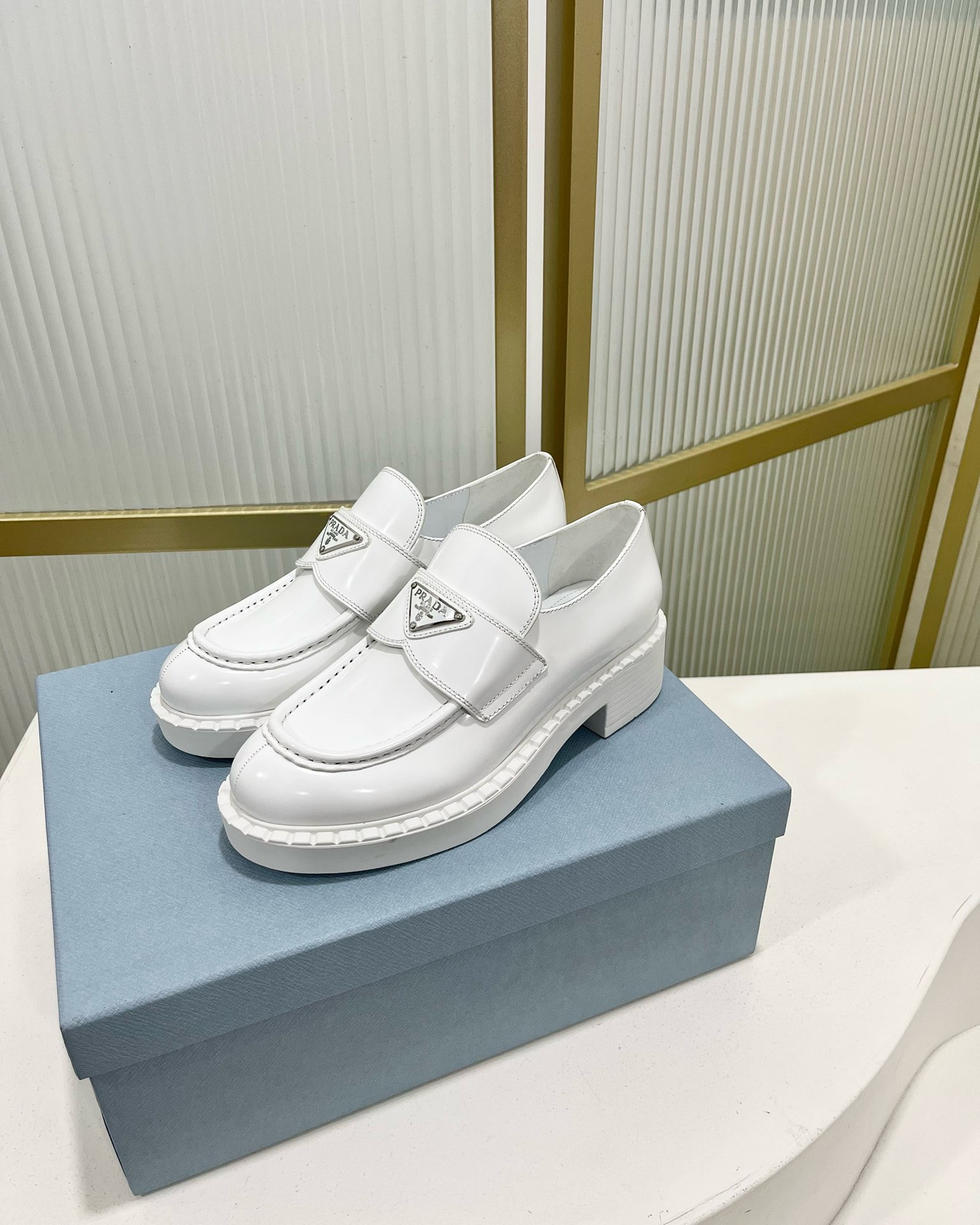 Bagsaaa Pra*a White Brushed Leather Loafers