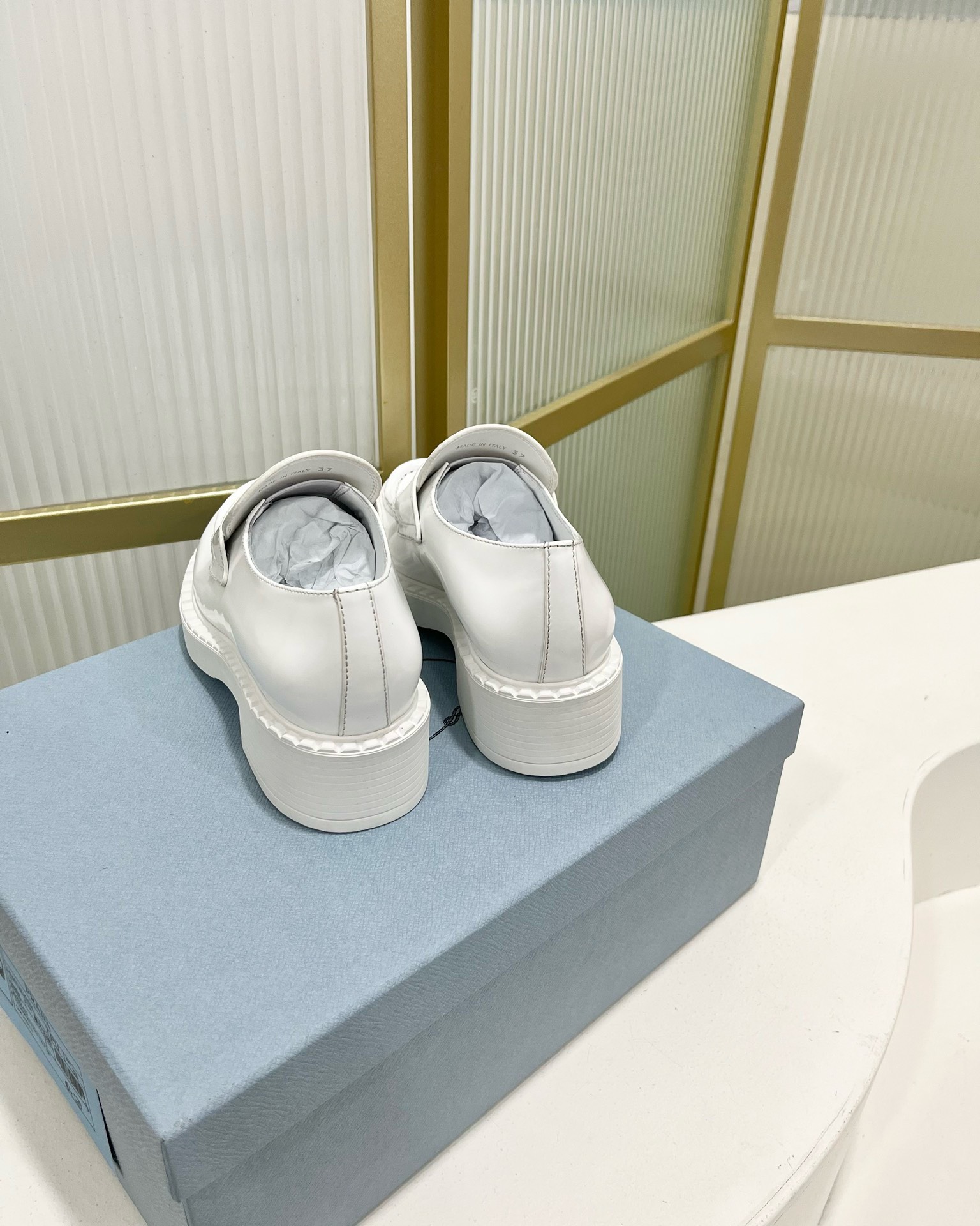 Bagsaaa Pra*a White Brushed Leather Loafers