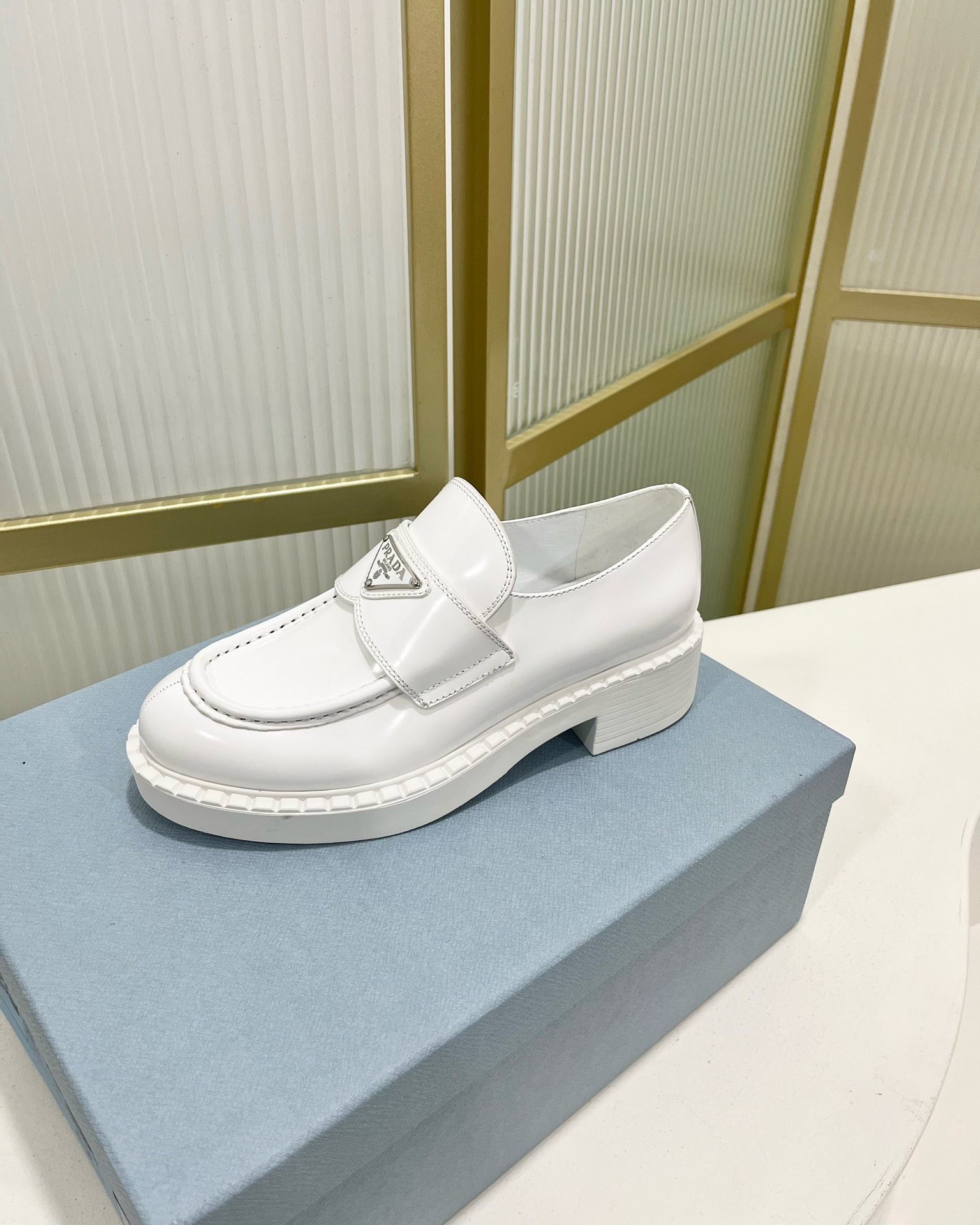 Bagsaaa Pra*a White Brushed Leather Loafers