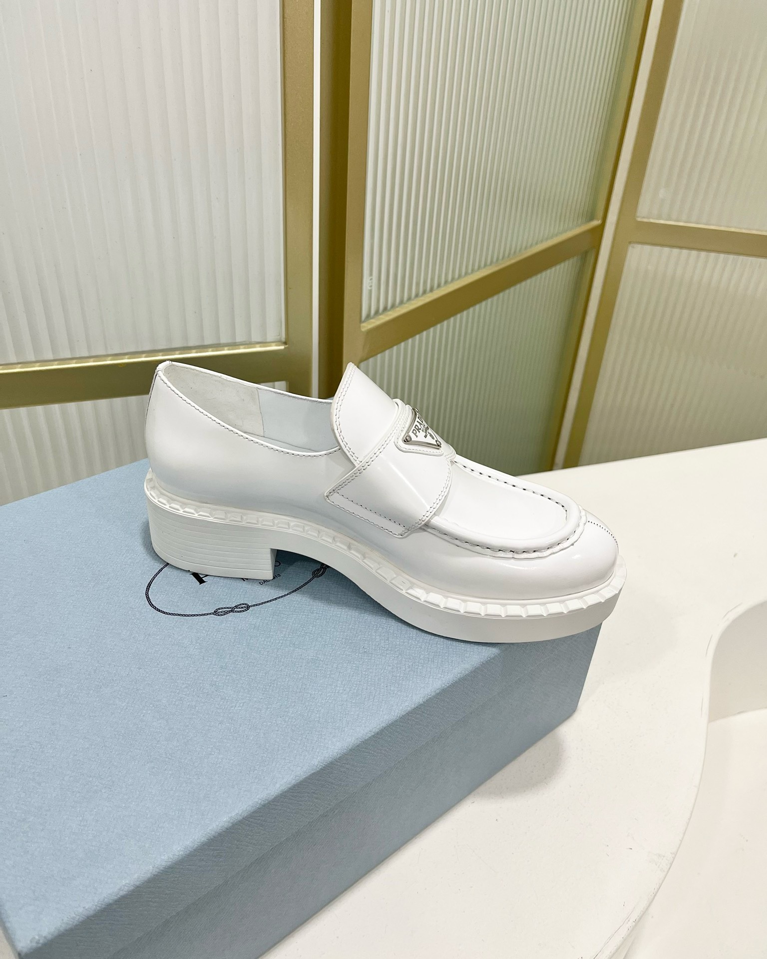 Bagsaaa Pra*a White Brushed Leather Loafers