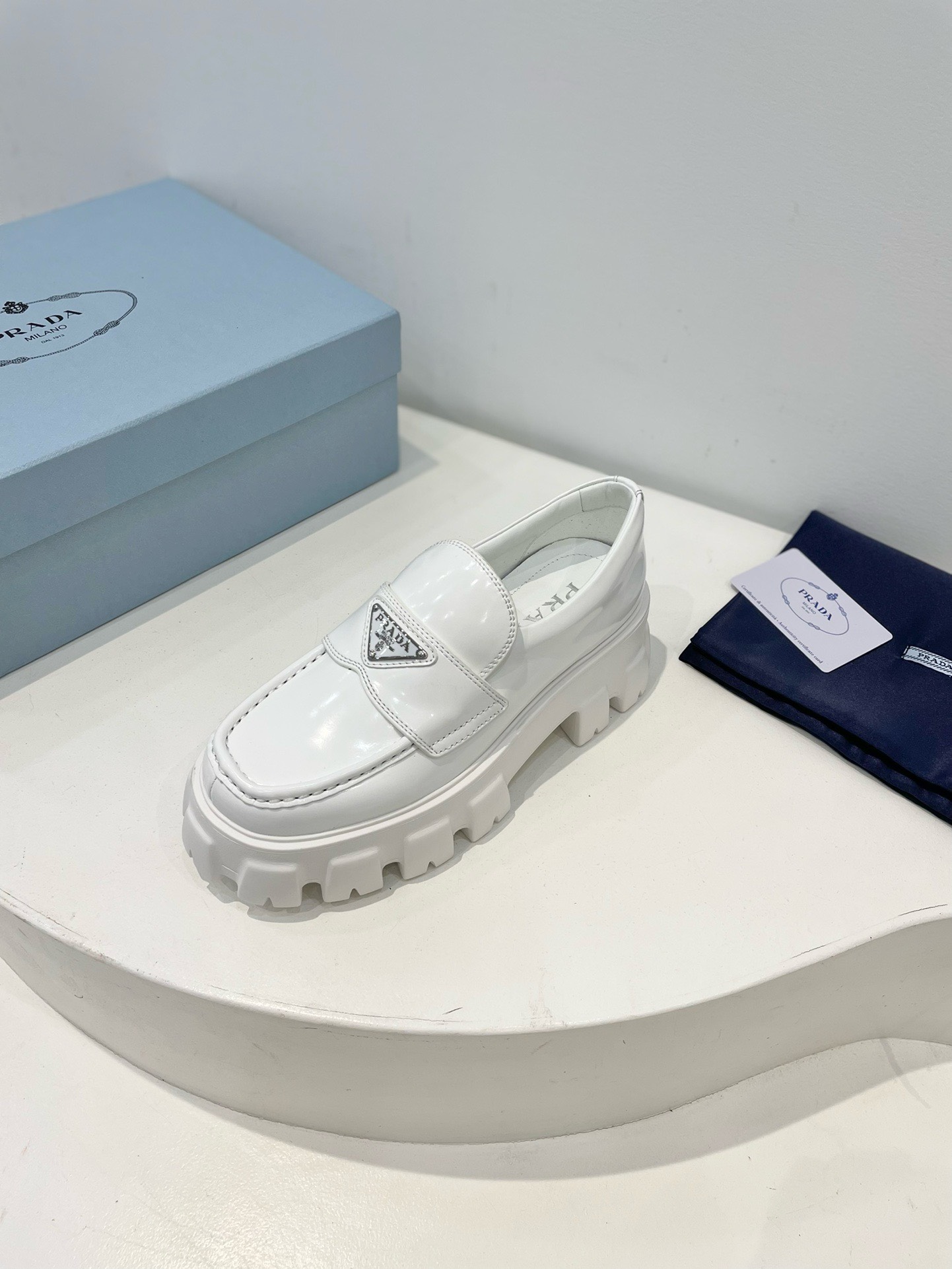 Bagsaaa Pra*a White Brushed leather Monolith loafers