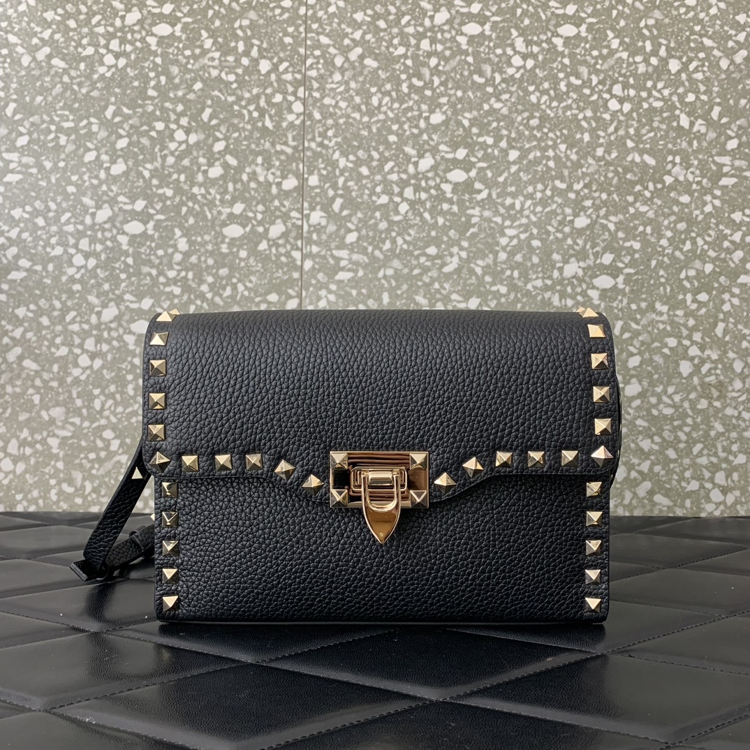 Bagsaaa Va1e*ntin0 Garavani Small Rockstud Leather Shoulder Black Bag - 22.5*15.5*6cm 