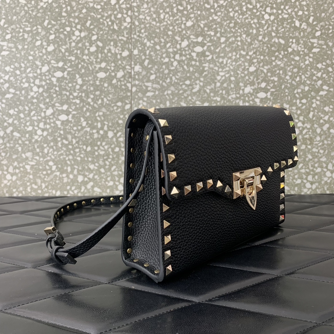 Bagsaaa Va1e*ntin0 Garavani Small Rockstud Leather Shoulder Black Bag - 22.5*15.5*6cm